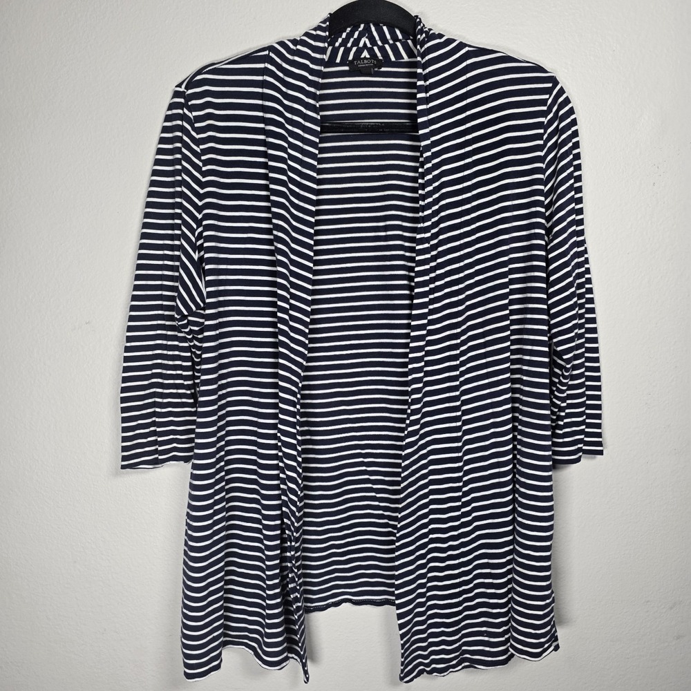 Talbots Womens Petite 2Xp Navy White Striped Open Front Cardigan Coastal Beachy*